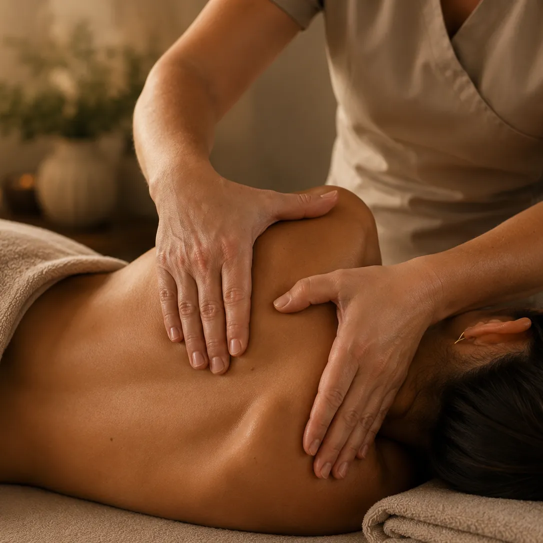 Massoterapeuta realizando massagem relaxante na região da nuca e dos ombros em ambiente acolhedor.