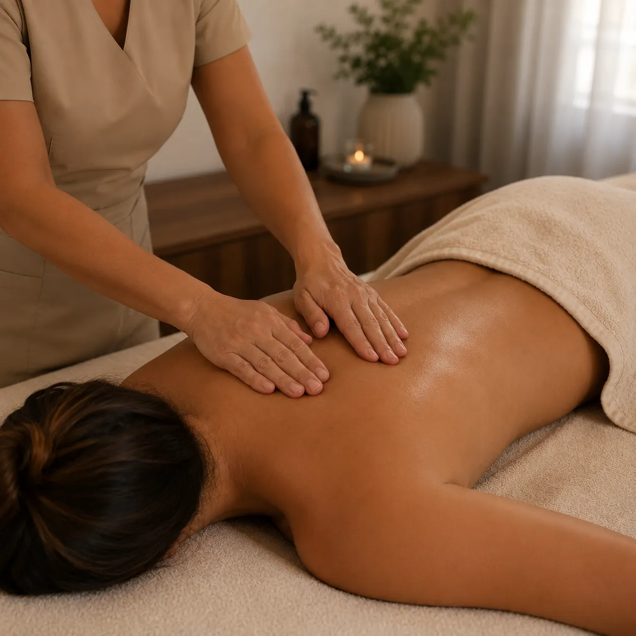 Massoterapeuta aplicando massoterapia terapêutica na musculatura das costas para aliviar dores e tensões.