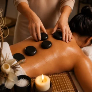 Sessão de massagem com pedras quentes durante atendimento de massoterapia terapêutica para relaxamento muscular e bem-estar corporal na MassoReis.