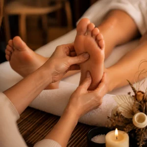 Sessão de reflexologia podal durante atendimento de massoterapia terapêutica para relaxamento, equilíbrio corporal e bem-estar na MassoReis.