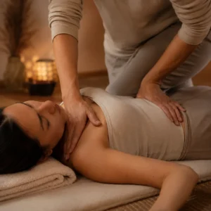 Sessão de shiatsu realizada por Andrea Reis na MassoReis durante atendimento personalizado de massoterapia terapêutica para equilíbrio corporal e relaxamento muscular.